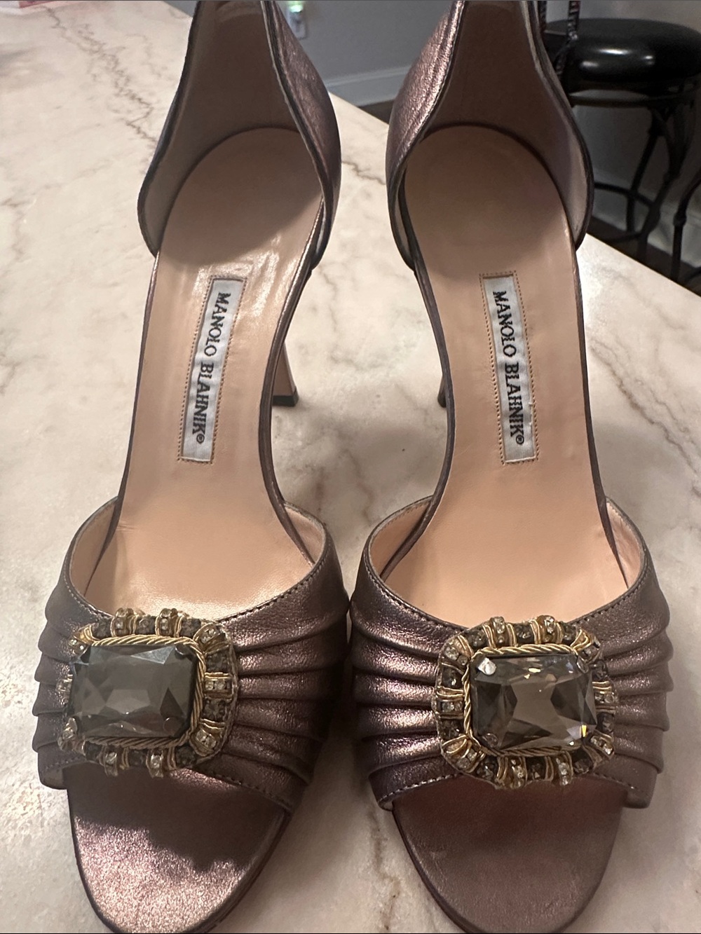 Manolo Blahnik Metallic Taupe Open-Toe D'Orsay Heels with Crystal Buckle